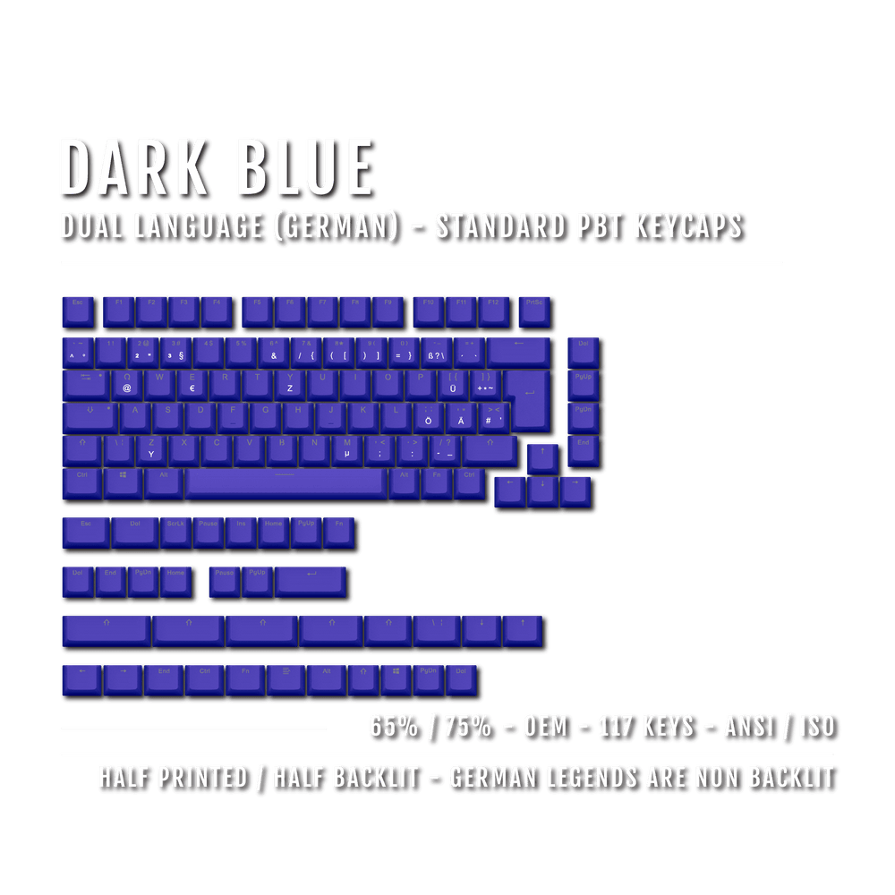 Dark Blue German (ISO-DE) Dual Language PBT Keycaps - 65/75% Krome Keycaps LTD german