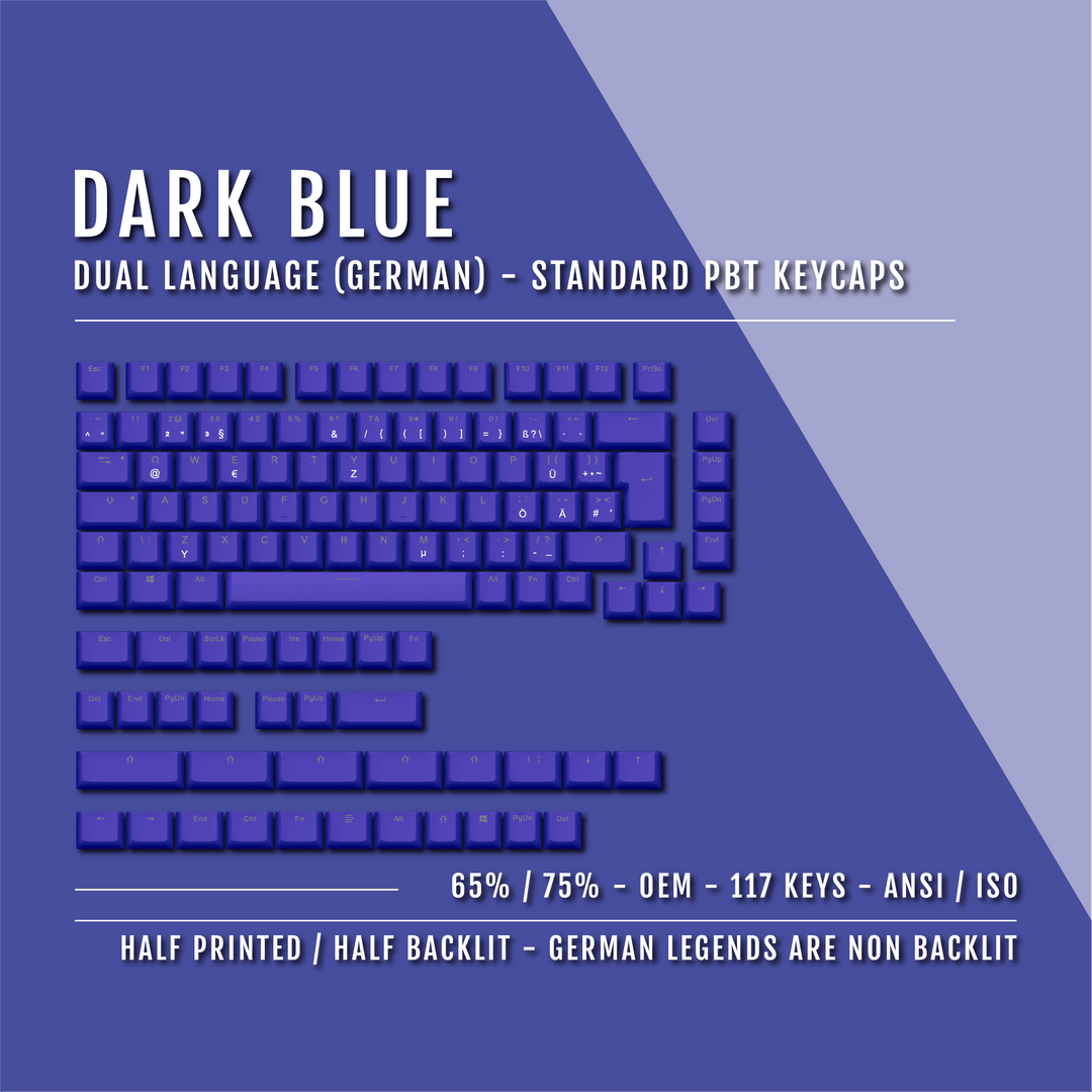 Dark Blue German (ISO-DE) Dual Language PBT Keycaps - 65/75% Krome Keycaps LTD german