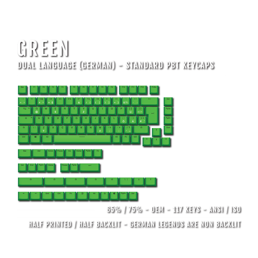 Green PBT German Keycaps - ISO-DE - 65/75% Sizes - Dual Language Keycaps - kromekeycaps