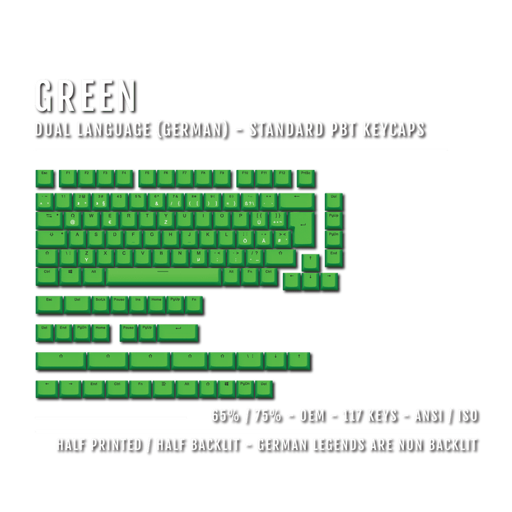 Green PBT German Keycaps - ISO-DE - 65/75% Sizes - Dual Language Keycaps - kromekeycaps