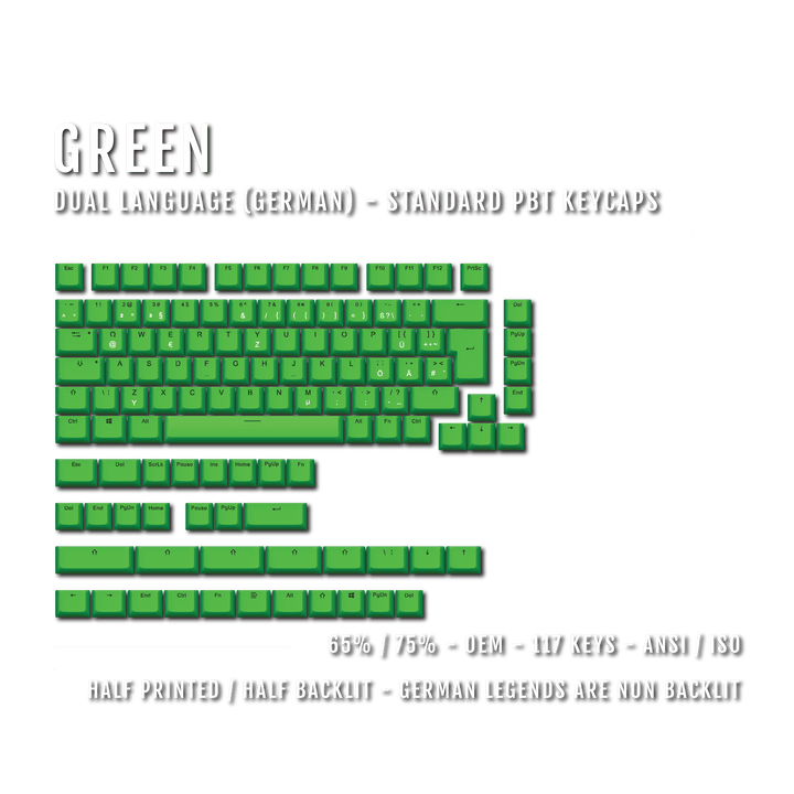 Green German (ISO-DE) Dual Language PBT Keycaps - 65/75% Krome Keycaps LTD german