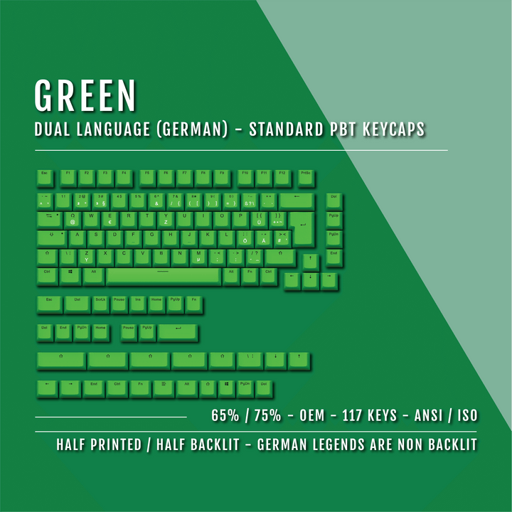 Green PBT German Keycaps - ISO-DE - 65/75% Sizes - Dual Language Keycaps - kromekeycaps