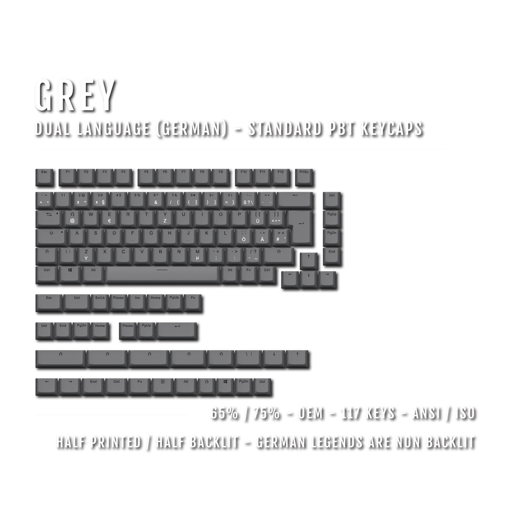 Grey German (ISO-DE) Dual Language PBT Keycaps - 65/75% Krome Keycaps LTD german