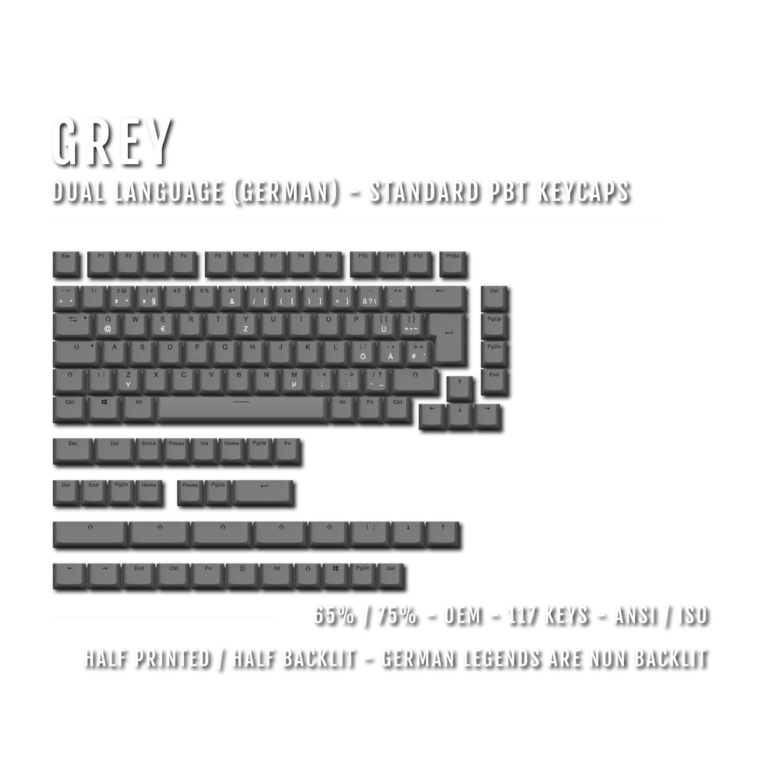 Grey PBT German Keycaps - ISO-DE - 65/75% Sizes - Dual Language Keycaps - kromekeycaps