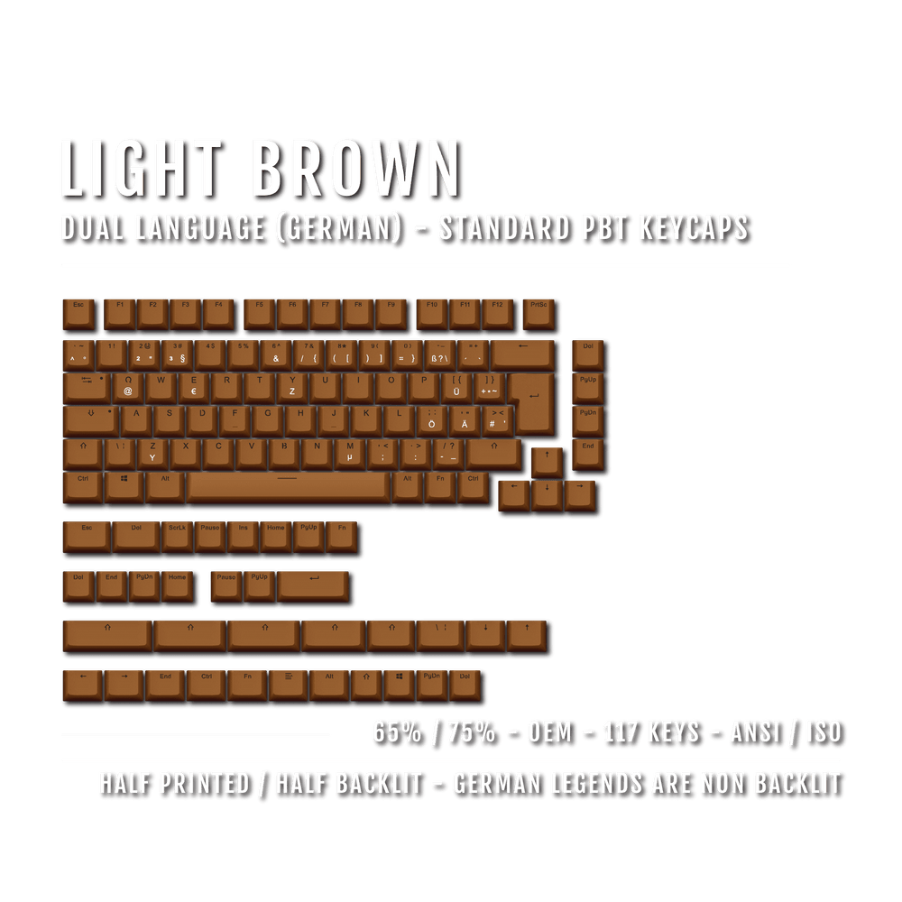 Light Brown German (ISO-DE) Dual Language PBT Keycaps - 65/75% Krome Keycaps LTD german