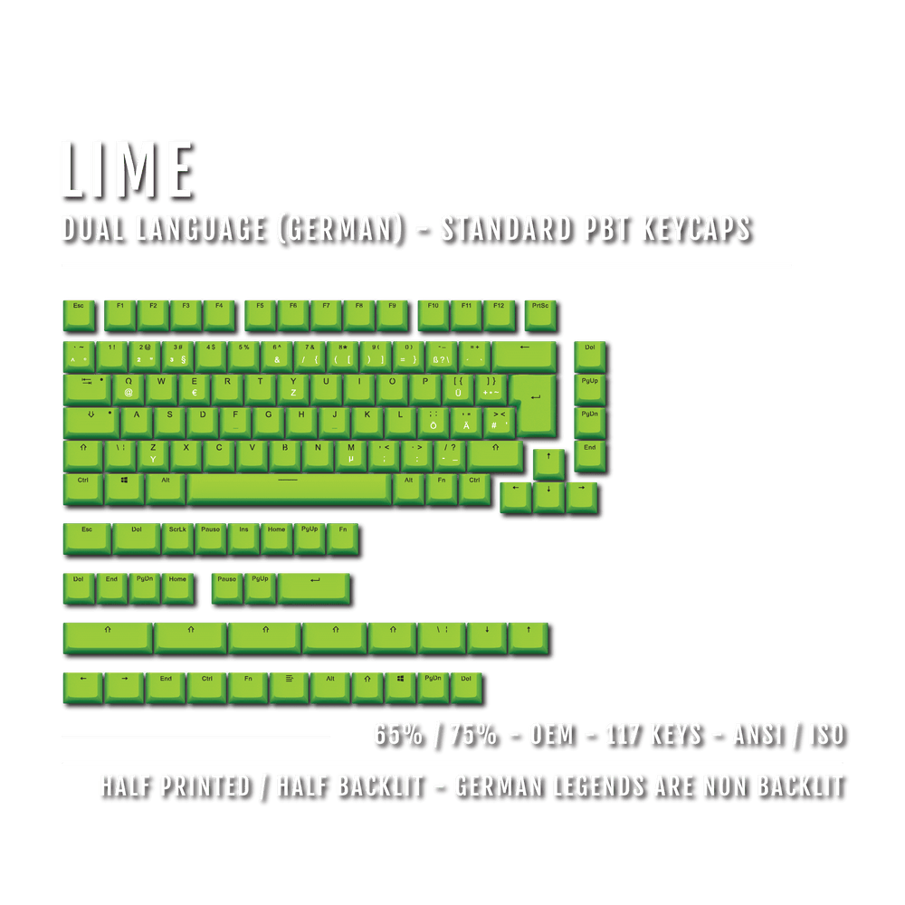 Lime German (ISO-DE) Dual Language PBT Keycaps - 65/75% Krome Keycaps LTD german