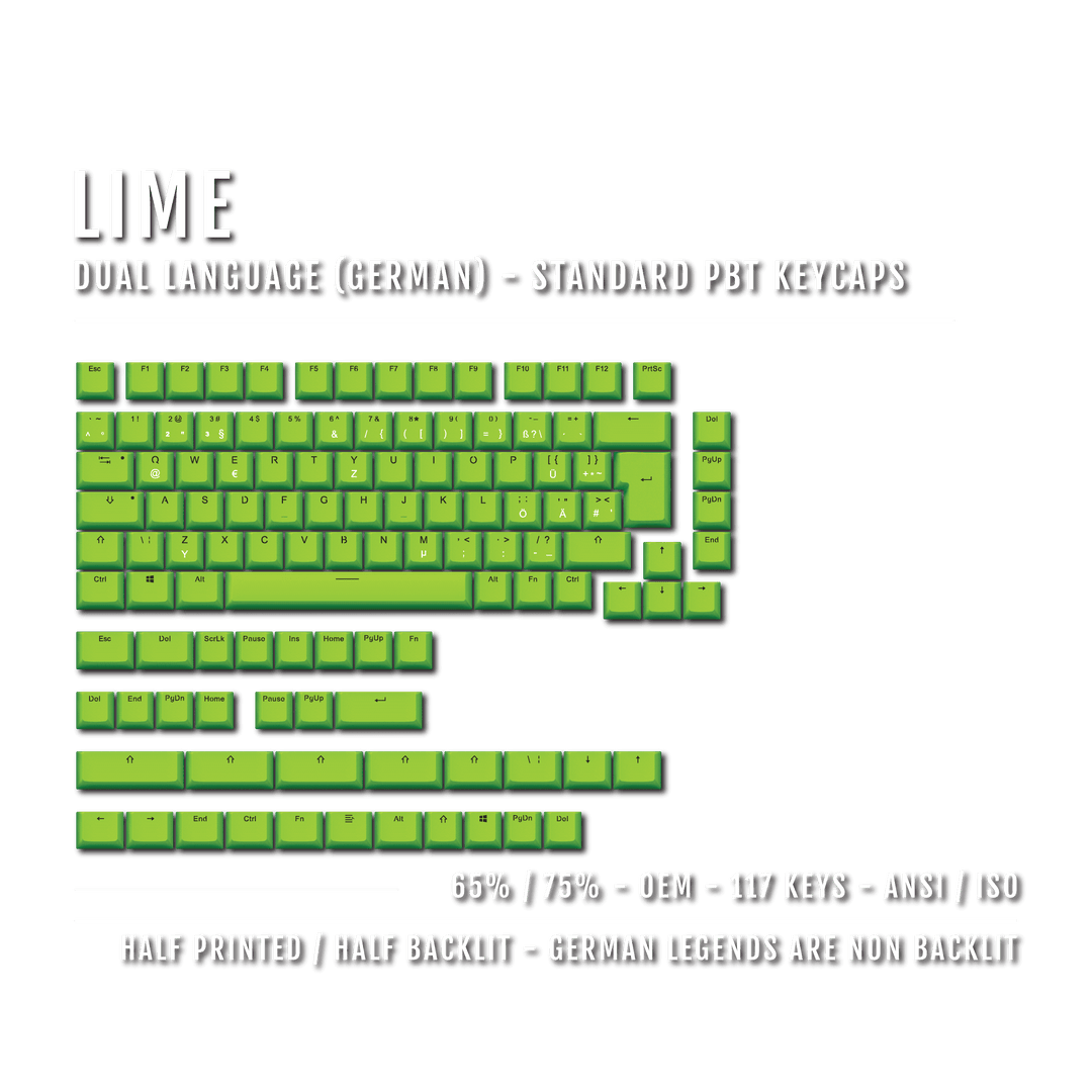 Lime German (ISO-DE) Dual Language PBT Keycaps - 65/75% Krome Keycaps LTD german