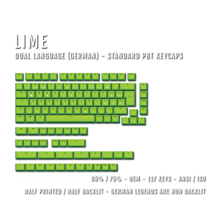 Lime German (ISO-DE) Dual Language PBT Keycaps - 65/75% Krome Keycaps LTD german