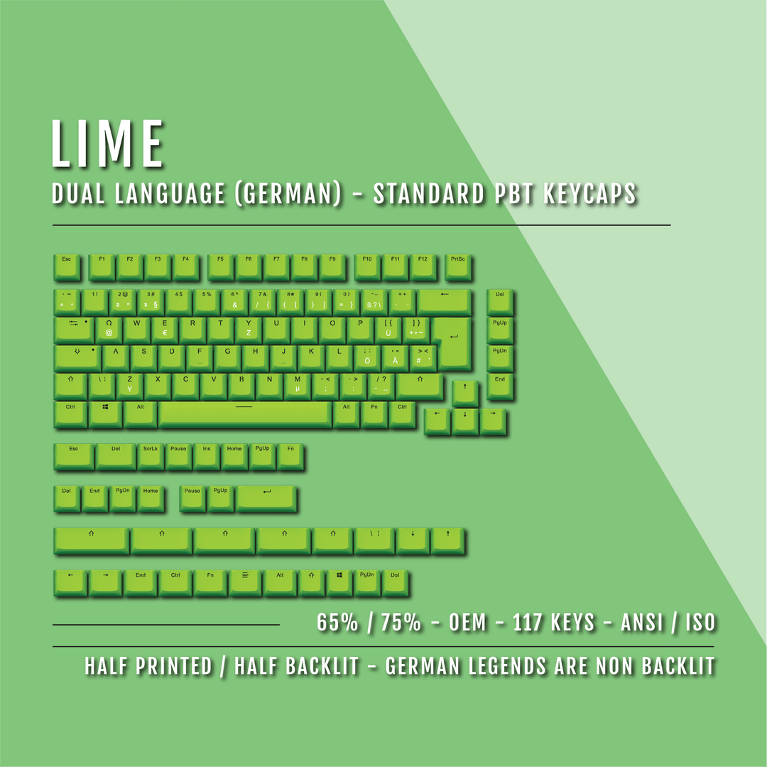 Lime German (ISO-DE) Dual Language PBT Keycaps - 65/75% Krome Keycaps LTD german