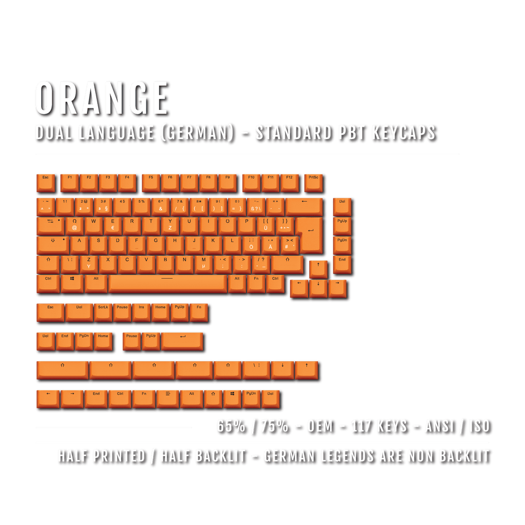 Orange German (ISO-DE) Dual Language PBT Keycaps - 65/75% Krome Keycaps LTD german