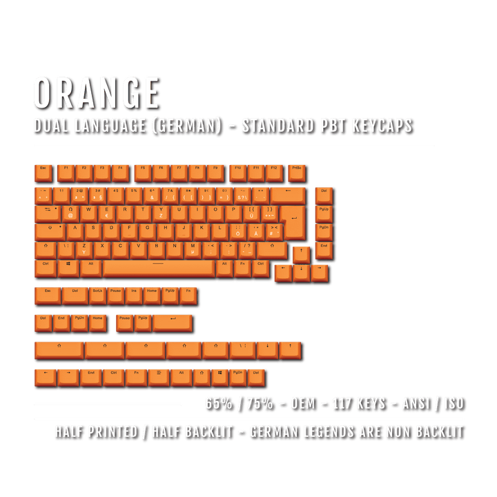 Orange German (ISO-DE) Dual Language PBT Keycaps - 65/75% Krome Keycaps LTD german