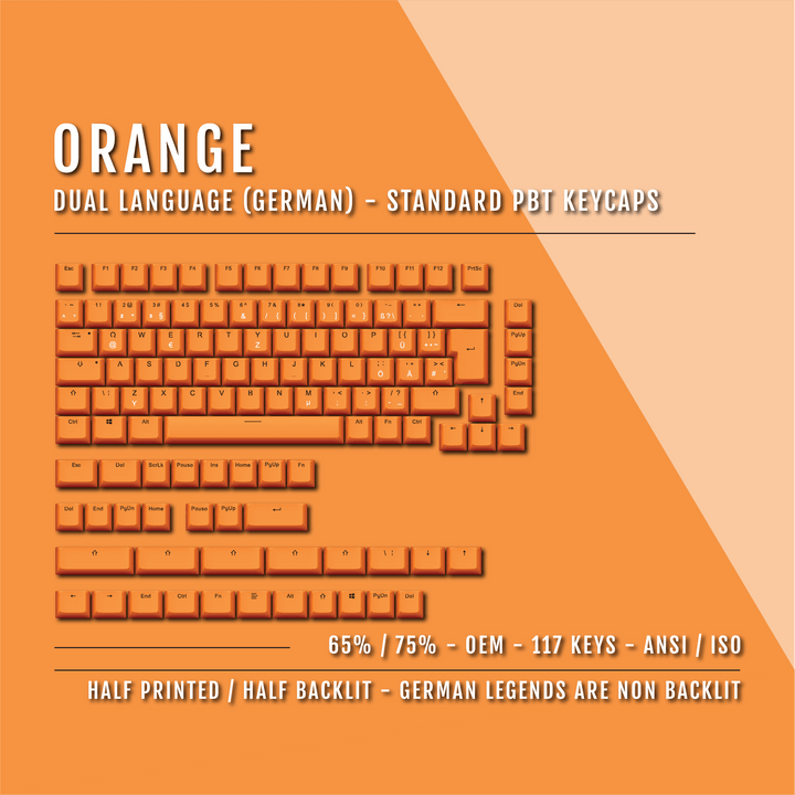 Orange German (ISO-DE) Dual Language PBT Keycaps - 65/75% Krome Keycaps LTD german