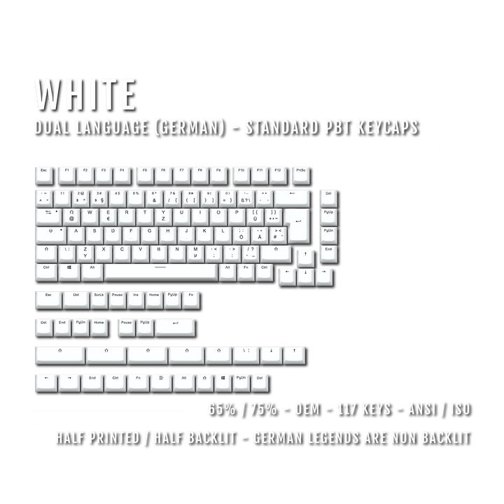 White PBT German Keycaps - ISO-DE - 65/75% Sizes - Dual Language Keycaps - kromekeycaps