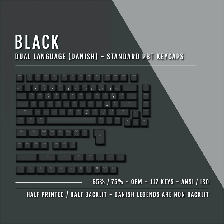 Black Danish (ISO-DK) Dual Language PBT Keycaps - 65/75% Krome Keycaps LTD danish