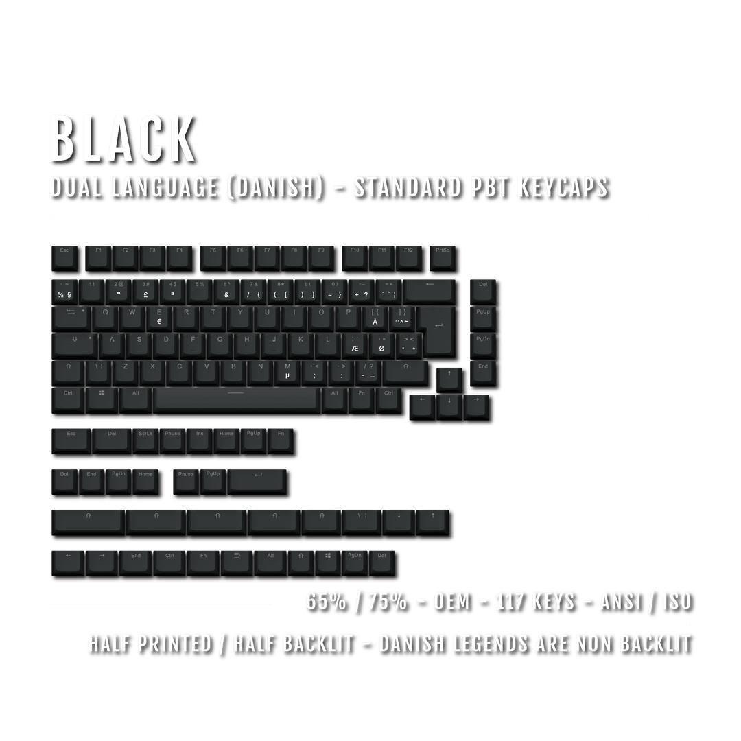 Black Danish (ISO-DK) Dual Language PBT Keycaps - 65/75% Krome Keycaps LTD danish