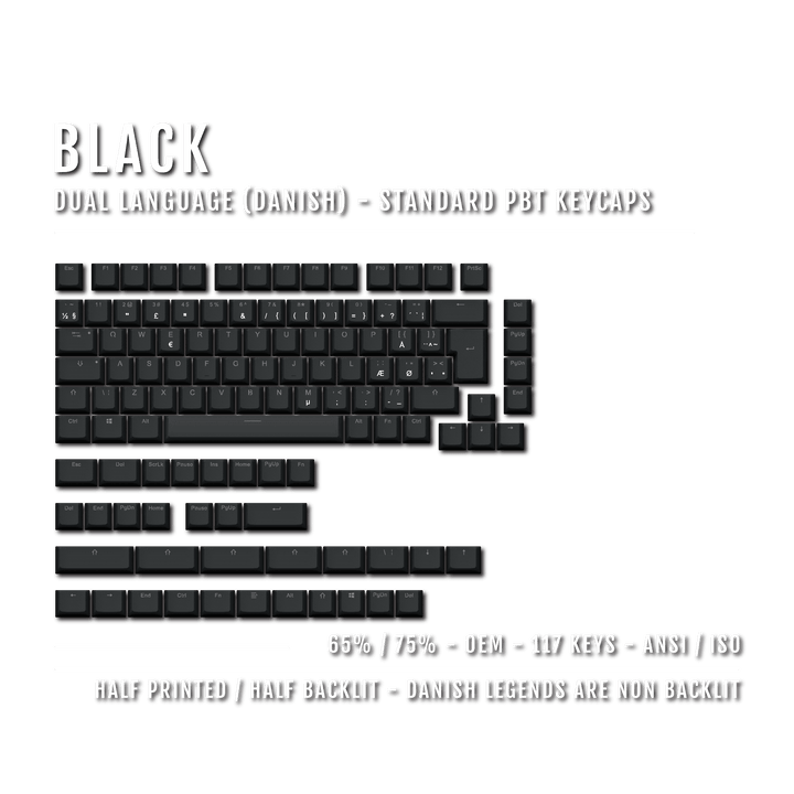 Black Danish (ISO-DK) Dual Language PBT Keycaps - 65/75% Krome Keycaps LTD danish