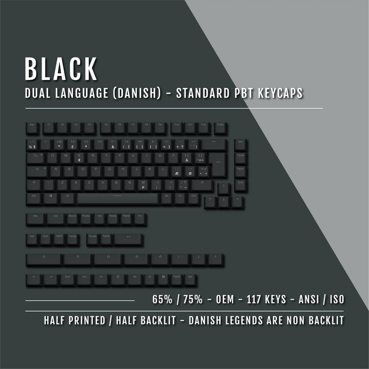 Black Danish (ISO-DK) Dual Language PBT Keycaps - 65/75% Krome Keycaps LTD danish