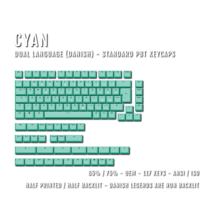 Cyan Danish (ISO-DK) Dual Language PBT Keycaps - 65/75% Krome Keycaps LTD danish