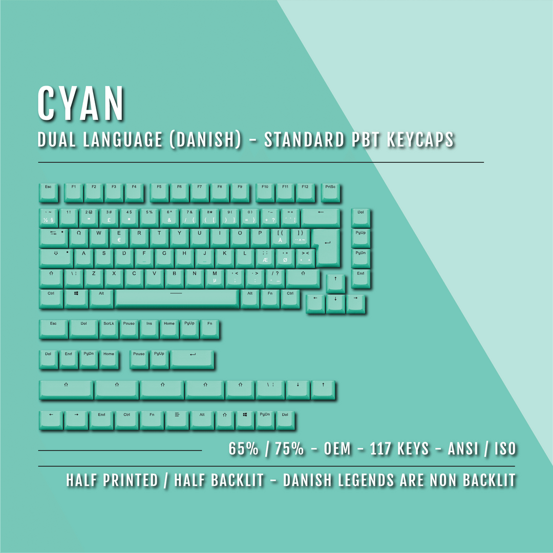 Cyan Danish (ISO-DK) Dual Language PBT Keycaps - 65/75% Krome Keycaps LTD danish