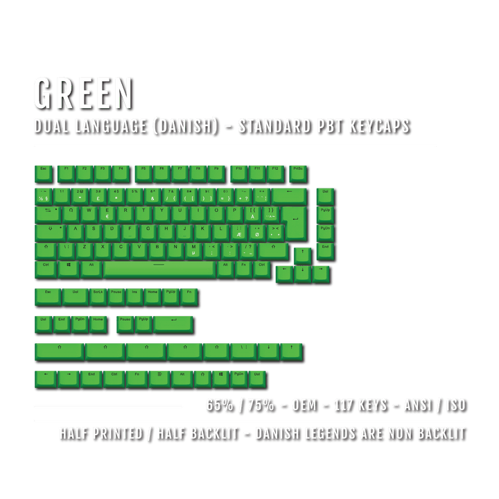 Green Danish (ISO-DK) Dual Language PBT Keycaps - 65/75% Krome Keycaps LTD danish