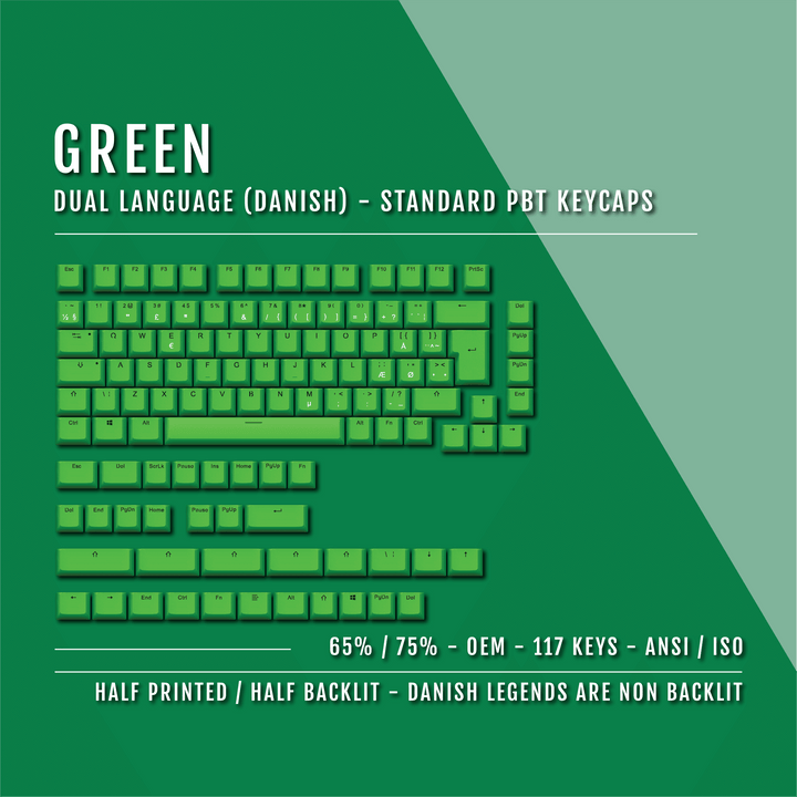 Green Danish (ISO-DK) Dual Language PBT Keycaps - 65/75% Krome Keycaps LTD danish