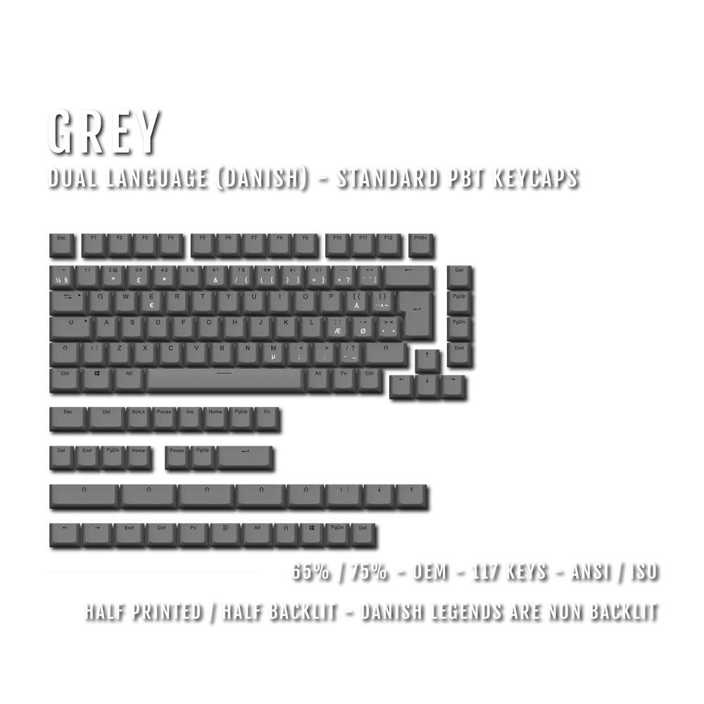 Grey Danish (ISO-DK) Dual Language PBT Keycaps - 65/75% Krome Keycaps LTD danish