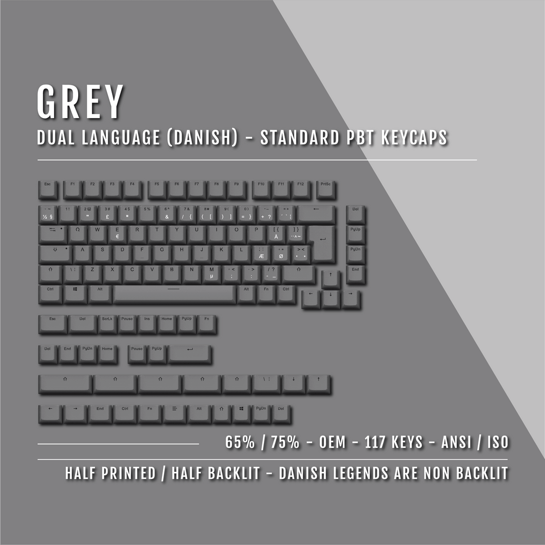 Grey Danish (ISO-DK) Dual Language PBT Keycaps - 65/75% Krome Keycaps LTD danish