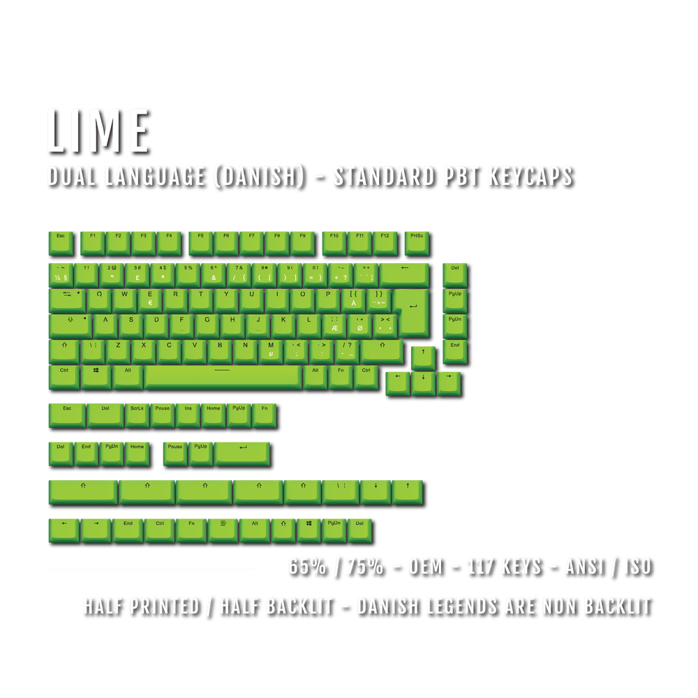 Lime Danish (ISO-DK) Dual Language PBT Keycaps - 65/75% Krome Keycaps LTD danish