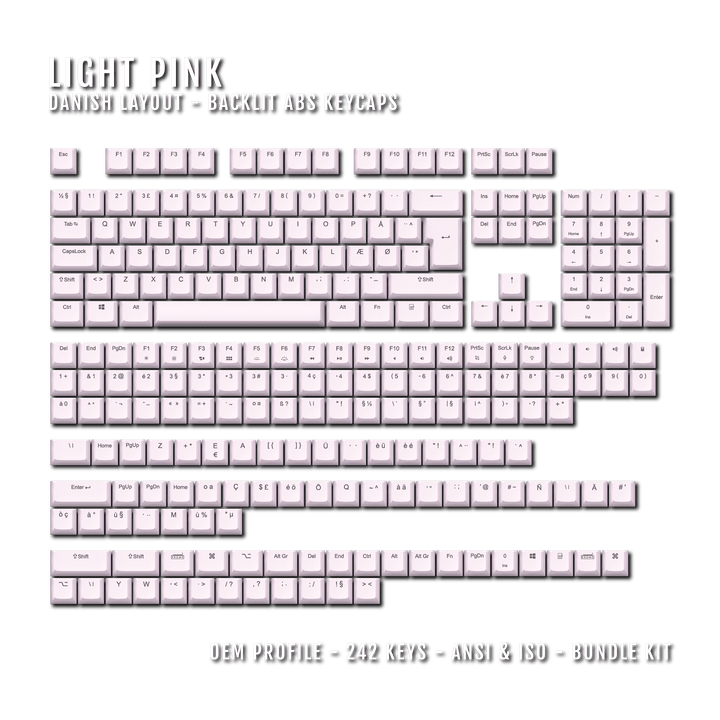 Light Pink Danish (ISO-DK) Backlit ABS Keycaps for Windows & Mac Krome Keycaps LTD danish