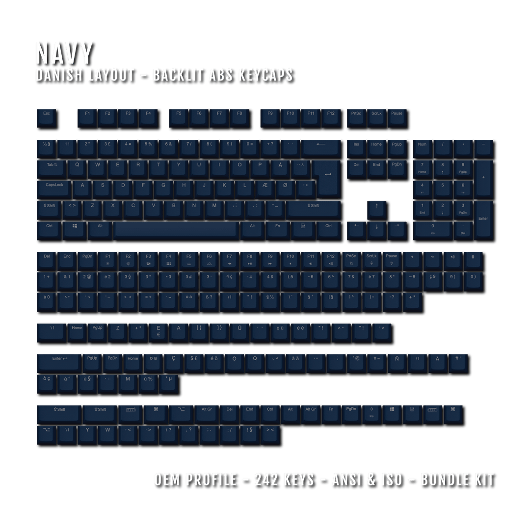 Navy Danish (ISO-DK) Backlit ABS Keycaps for Windows & Mac Krome Keycaps LTD danish