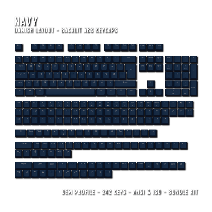 Navy Danish (ISO-DK) Backlit ABS Keycaps for Windows & Mac Krome Keycaps LTD danish