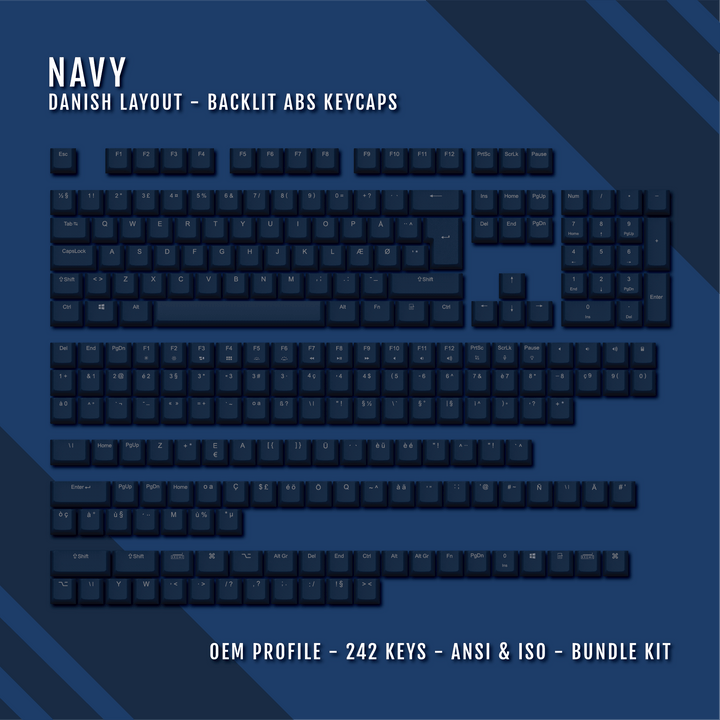 Navy Danish (ISO-DK) Backlit ABS Keycaps for Windows & Mac Krome Keycaps LTD danish