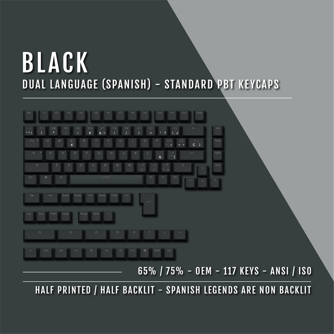 Black Spanish (ISO-ES) Dual Language PBT Keycaps - 65/75% Krome Keycaps LTD spanish