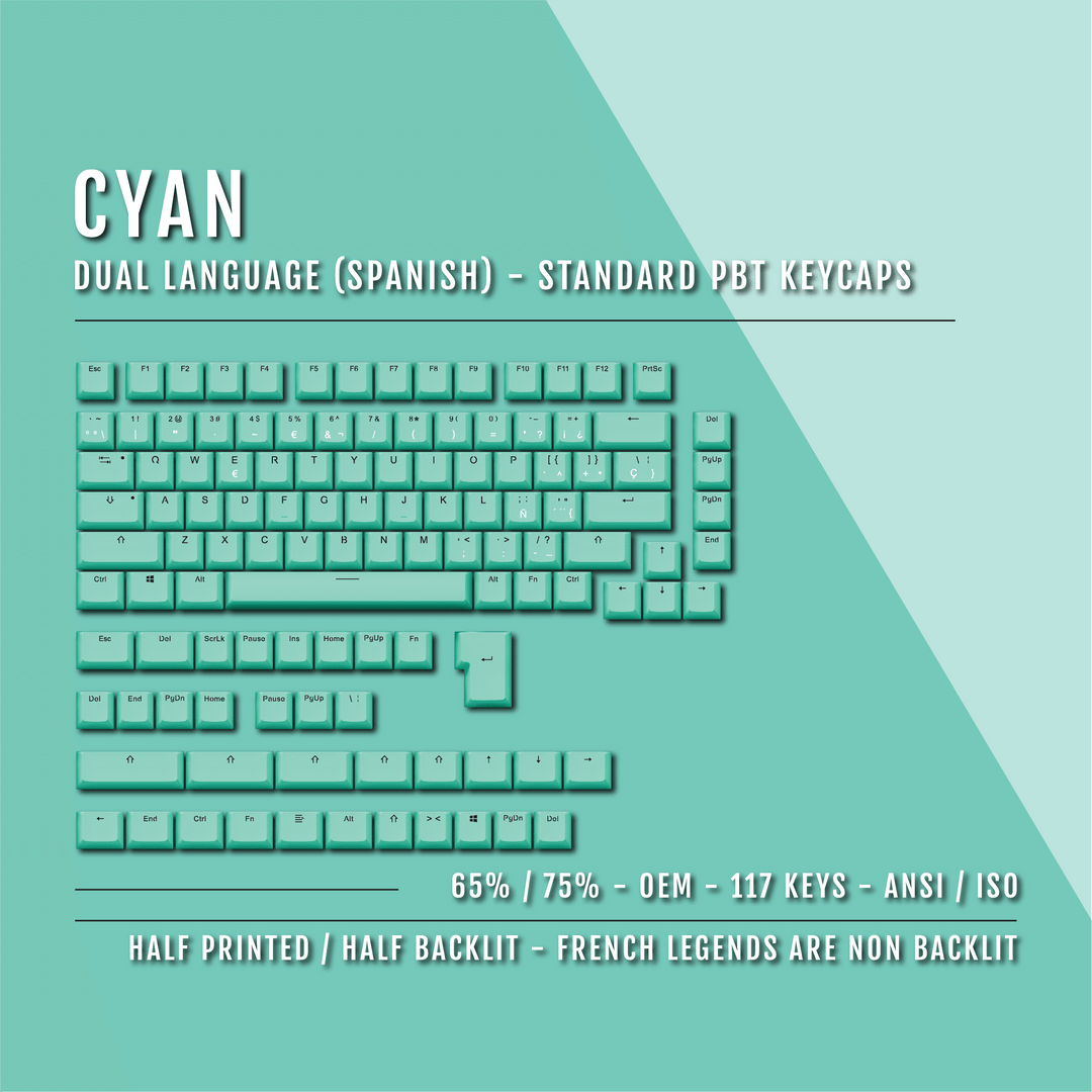 Cyan Spanish (ISO-ES) Dual Language PBT Keycaps - 65/75% Krome Keycaps LTD spanish