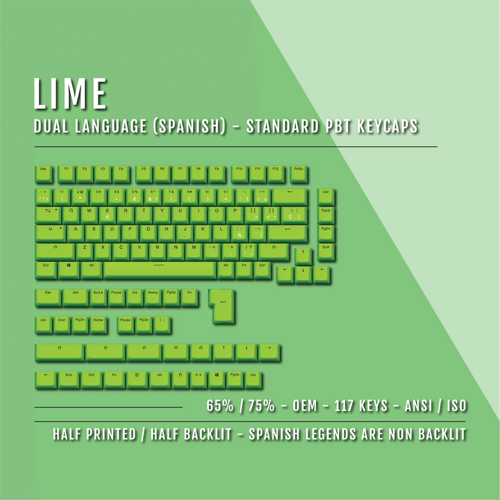 Lime Spanish (ISO-ES) Dual Language PBT Keycaps - 65/75% Krome Keycaps LTD spanish