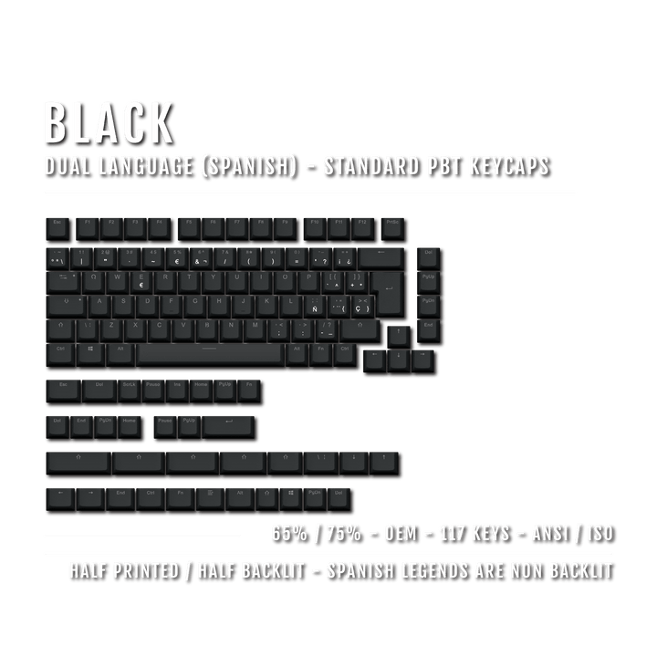 Black Spanish (ISO-ES) Dual Language PBT Keycaps - 65/75% Krome Keycaps LTD spanish