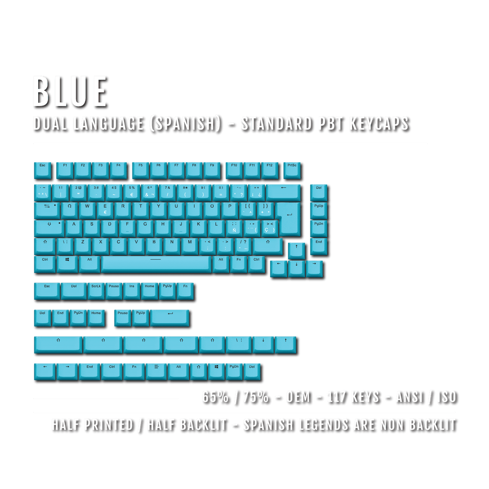 Blue Spanish (ISO-ES) Dual Language PBT Keycaps - 65/75% Krome Keycaps LTD spanish