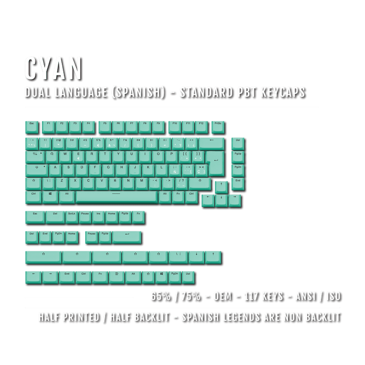 Cyan Spanish (ISO-ES) Dual Language PBT Keycaps - 65/75% Krome Keycaps LTD spanish