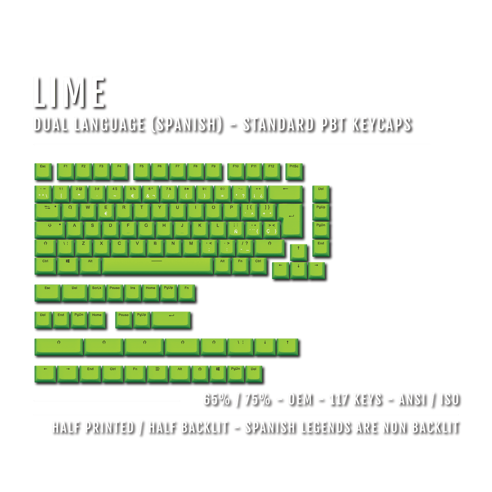 Lime Spanish (ISO-ES) Dual Language PBT Keycaps - 65/75% Krome Keycaps LTD spanish