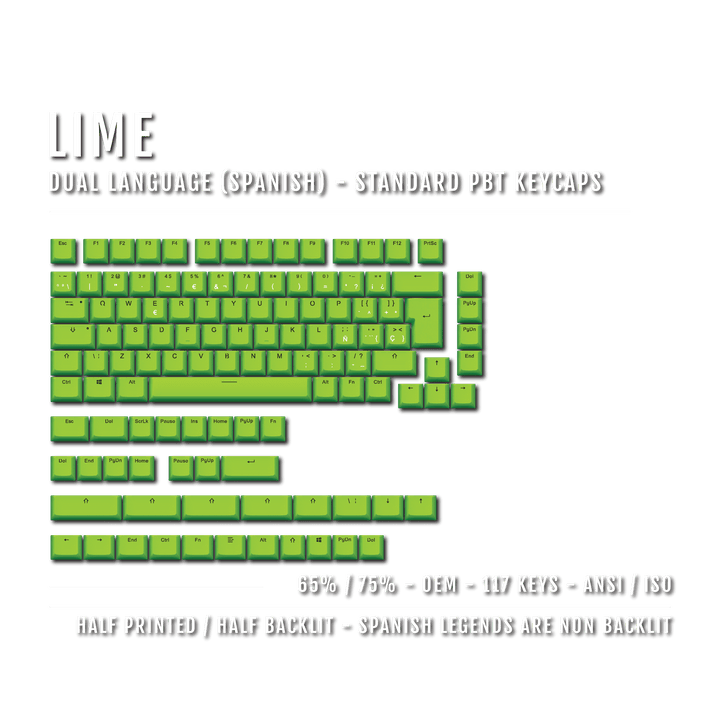 Lime Spanish (ISO-ES) Dual Language PBT Keycaps - 65/75% Krome Keycaps LTD spanish