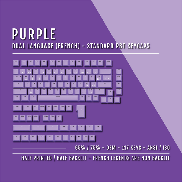 Purple French (ISO-FR) Dual Language PBT Keycaps - 65/75% Krome Keycaps LTD french