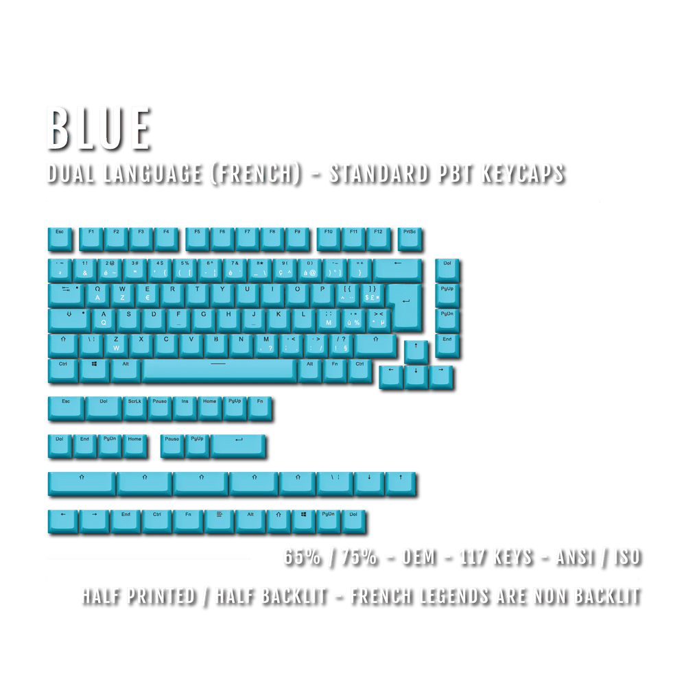 Blue French (ISO-FR) Dual Language PBT Keycaps - 65/75% Krome Keycaps LTD french