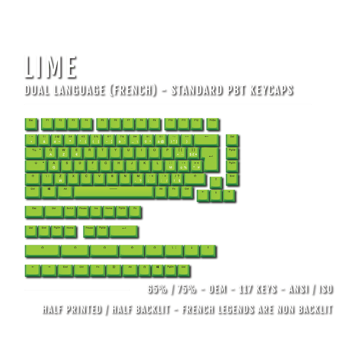 Lime French (ISO-FR) Dual Language PBT Keycaps - 65/75% Krome Keycaps LTD french