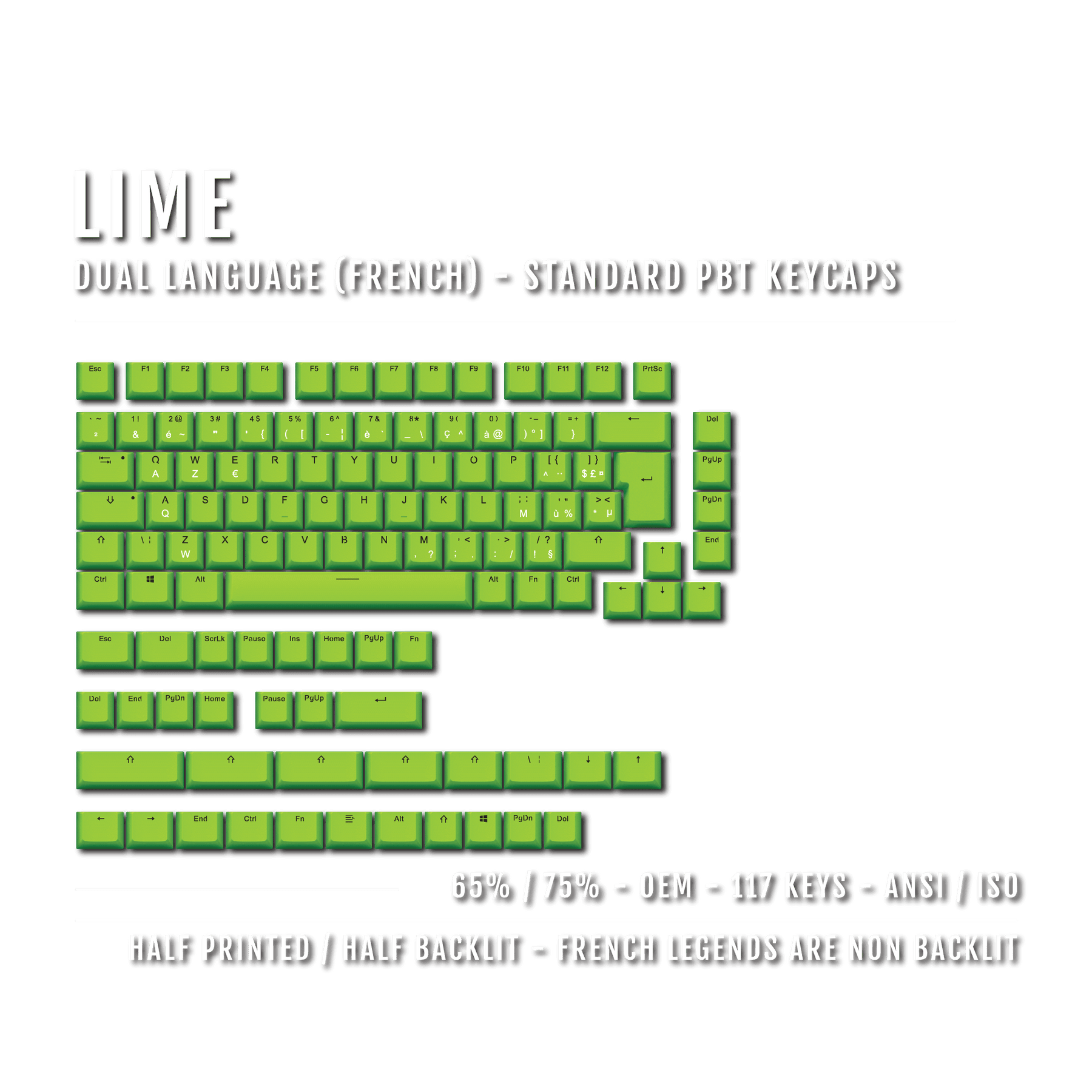 Lime PBT French Keycaps - ISO-FR - 65/75% Sizes - Dual Language Keycap ...