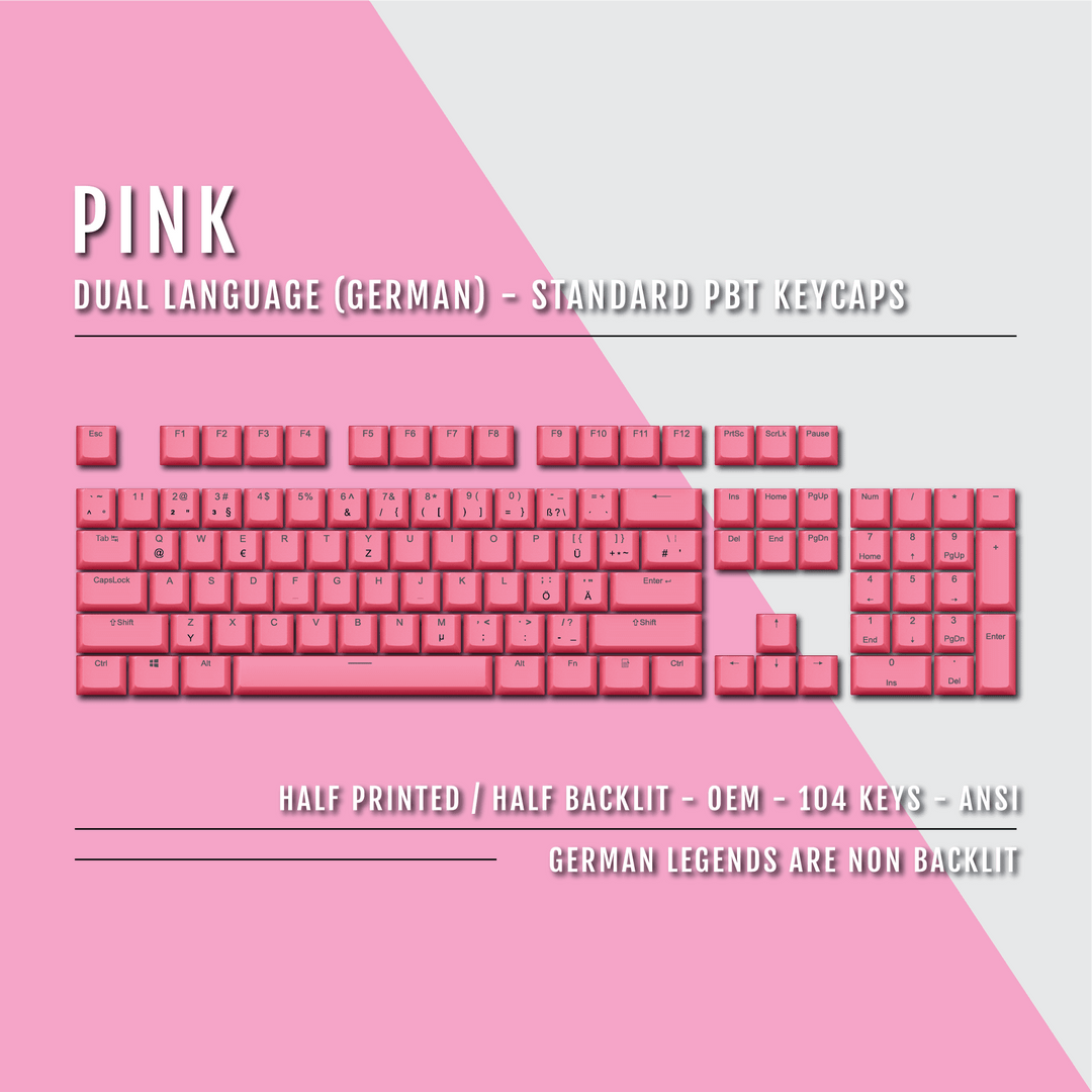 Pink PBT German Keycaps - ISO-DE - 100% Size - Dual Language Keycaps - kromekeycaps