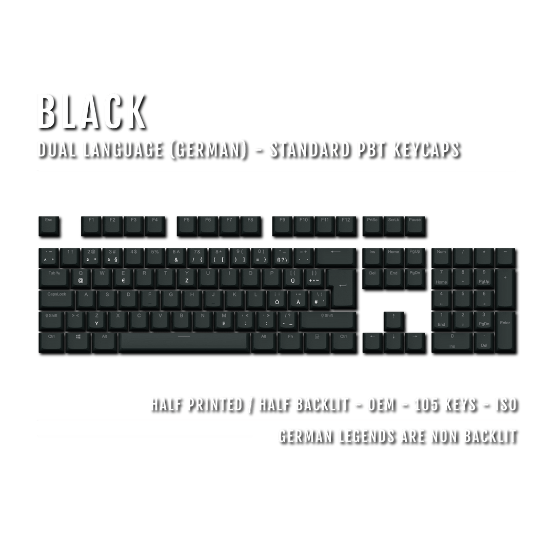 Black PBT German Keycaps - ISO-DE - 100% Size - Dual Language Keycaps - kromekeycaps