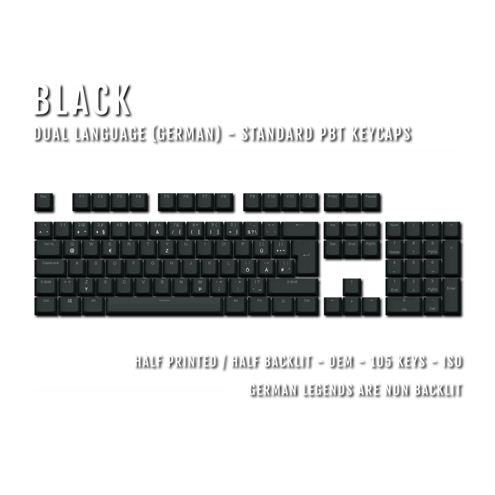 Black PBT German Keycaps - ISO-DE - 100% Size - Dual Language Keycaps - kromekeycaps