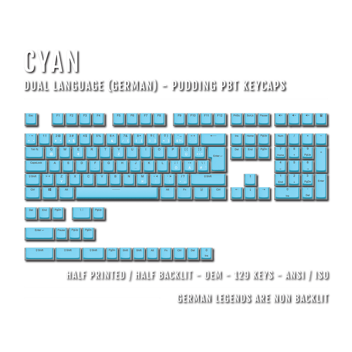 Cyan German (ISO-DE) Dual Language PBT Pudding Keycaps Krome Keycaps LTD german