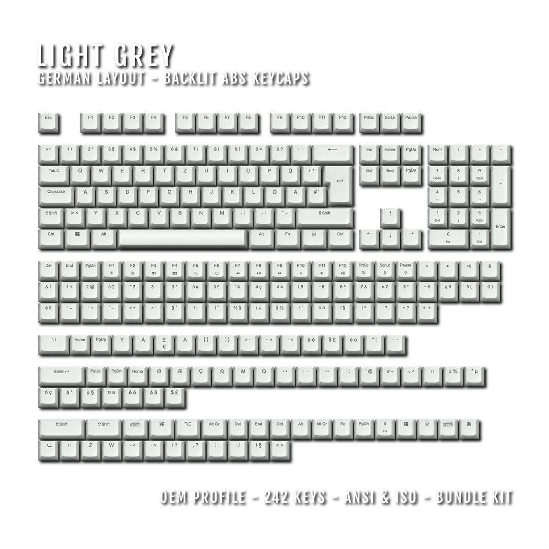 Light Grey German (ISO-DE) Backlit ABS Keycaps for Windows & Mac Krome Keycaps LTD german