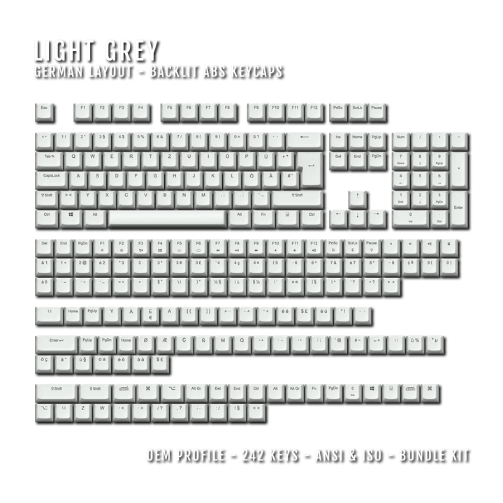 Light Grey German (ISO-DE) Backlit ABS Keycaps for Windows & Mac Krome Keycaps LTD german